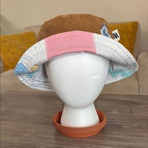 Brown Bucket Hat with Denim Patches double-sided